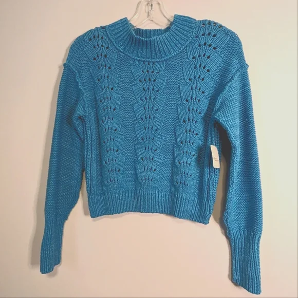 NWT Free People Bell Song Cropped Knit Long Sleeve Sweater Size XS Teal Blue - Picture 4 of 11